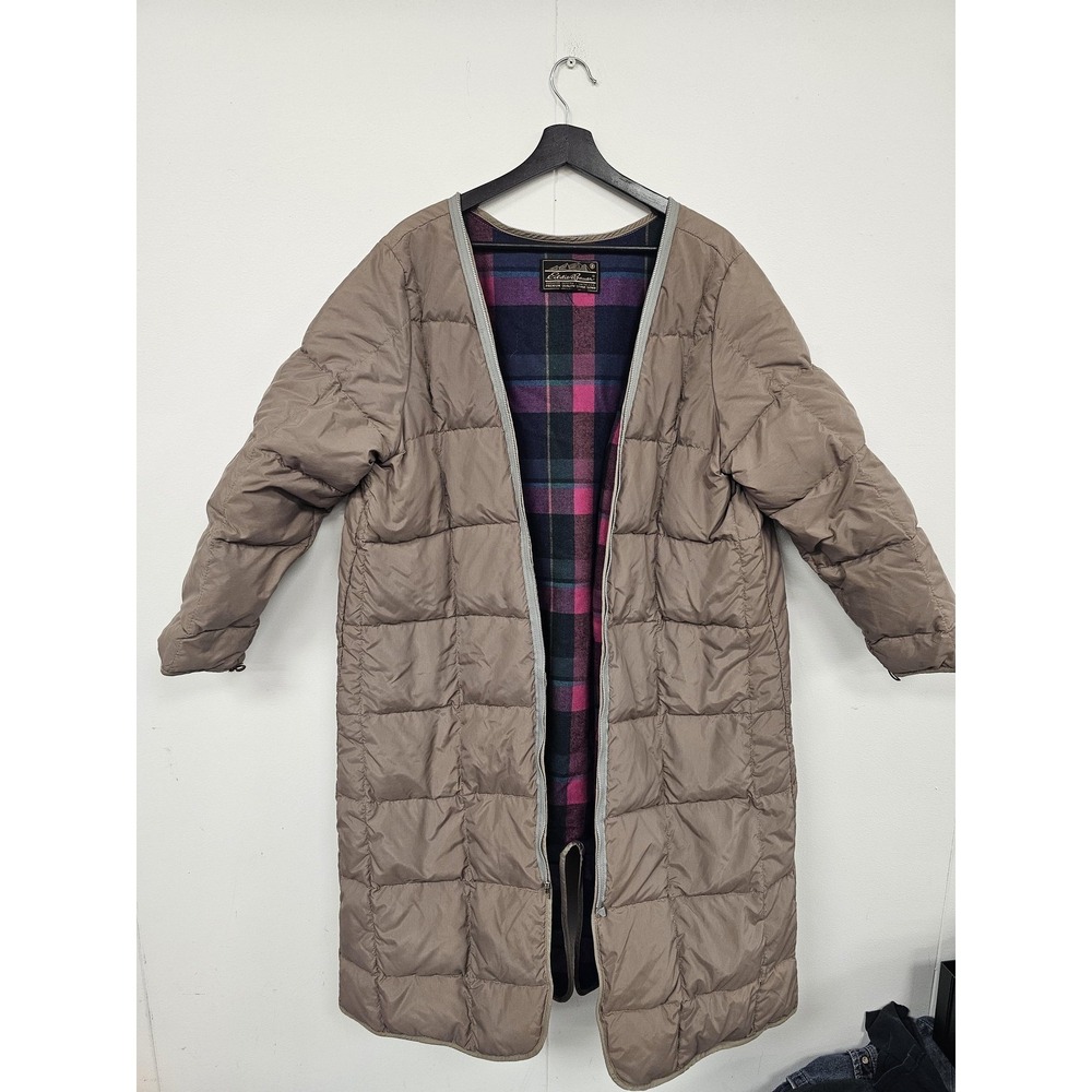 Vintage Eddie Bauer Coat Mens XL Brown Down Puffer Plaid Lined Long Quilted